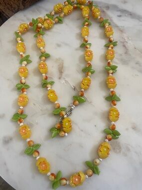 Vintage Yellow Floral Bead Necklace with Green Accents